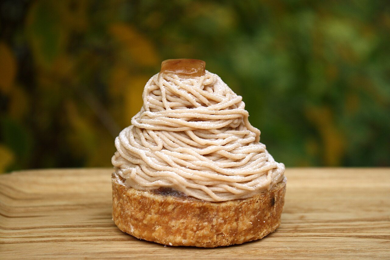 A chestnut cream dessert piped into thin vermicelli-like strands over a pastry base