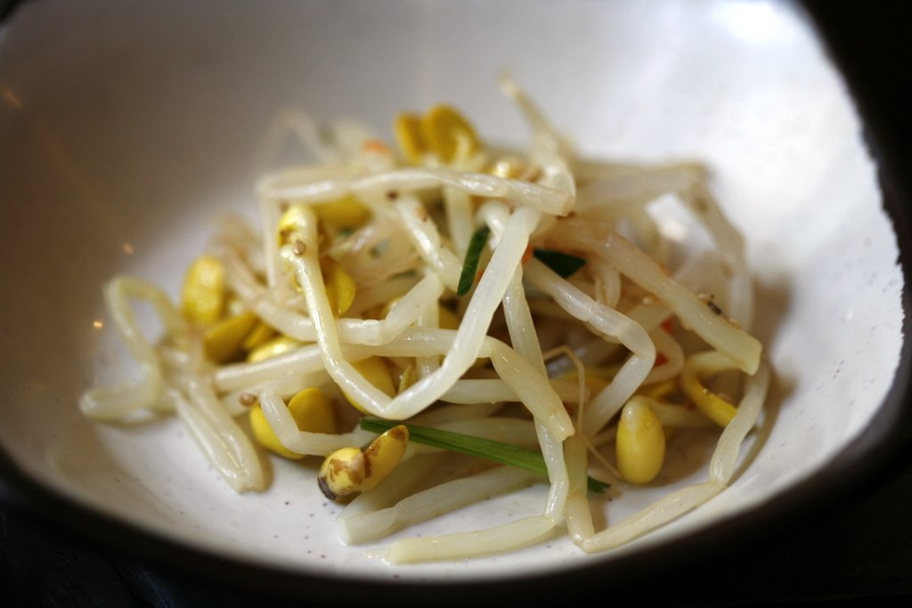 A bowl of seasoned Korean bean sprout salad, kongnamul muchim