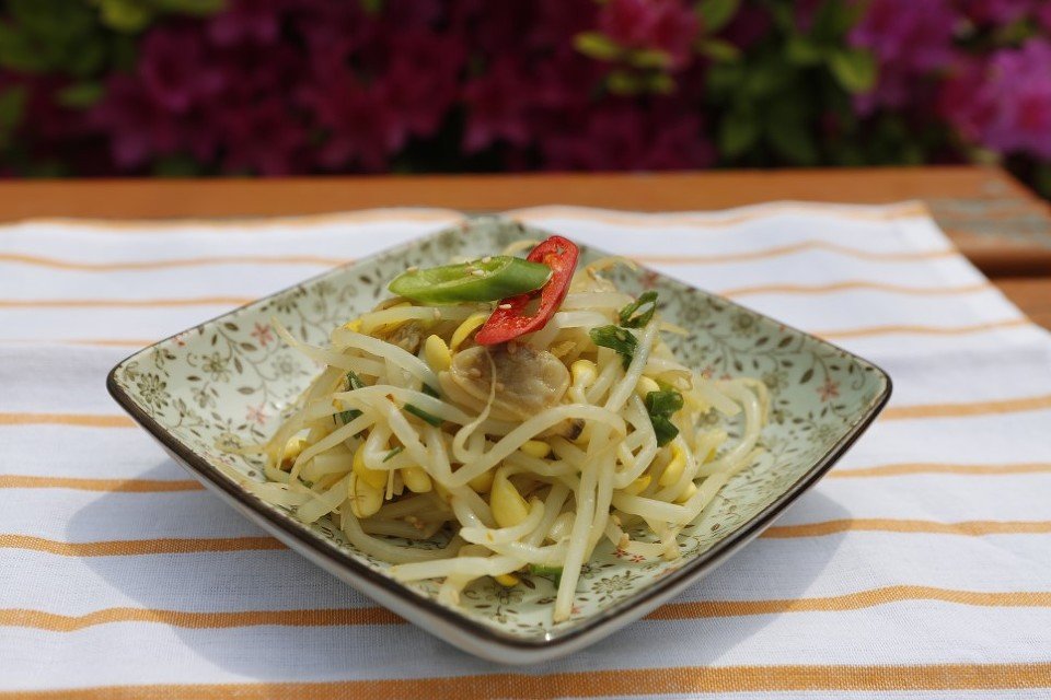 A bowl of seasoned soybean sprouts, kongnamul muchim, garnished with sesame seeds