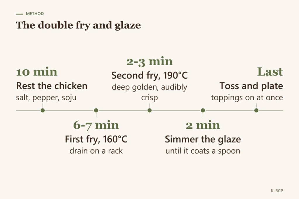 Timeline of dakgangjeong: rest 10 minutes, fry at 160C for 6 to 7 minutes, fry at 190C for 2 to 3 minutes, simmer glaze 2 minutes, toss and plate
