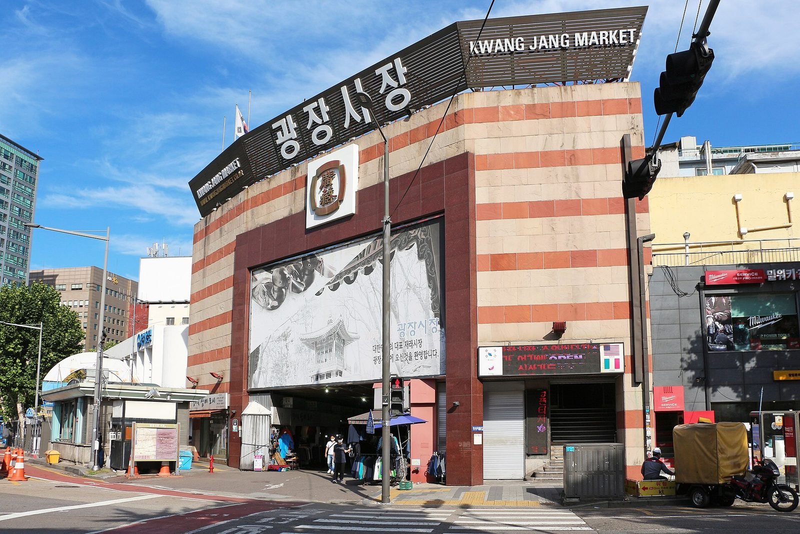 Food stalls inside Gwangjang Market in Seoul