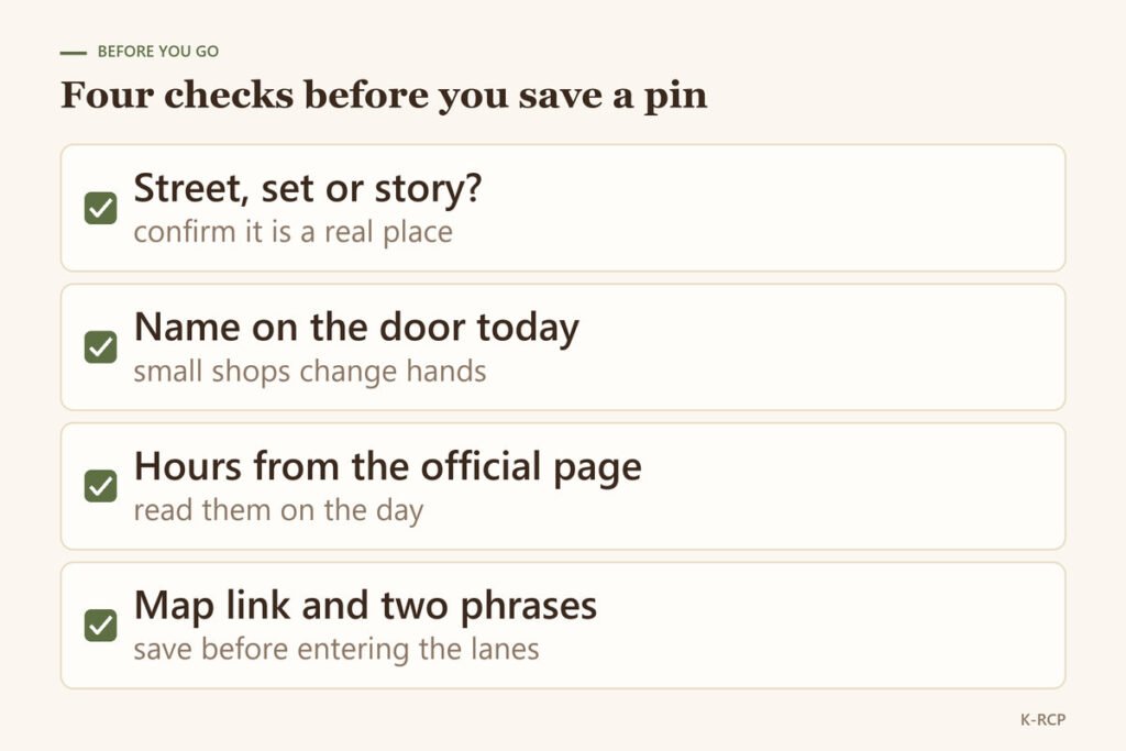 Checklist of four checks before saving a K-drama food location: street, set or story; name on the door; hours on the day; map link and ordering phrases