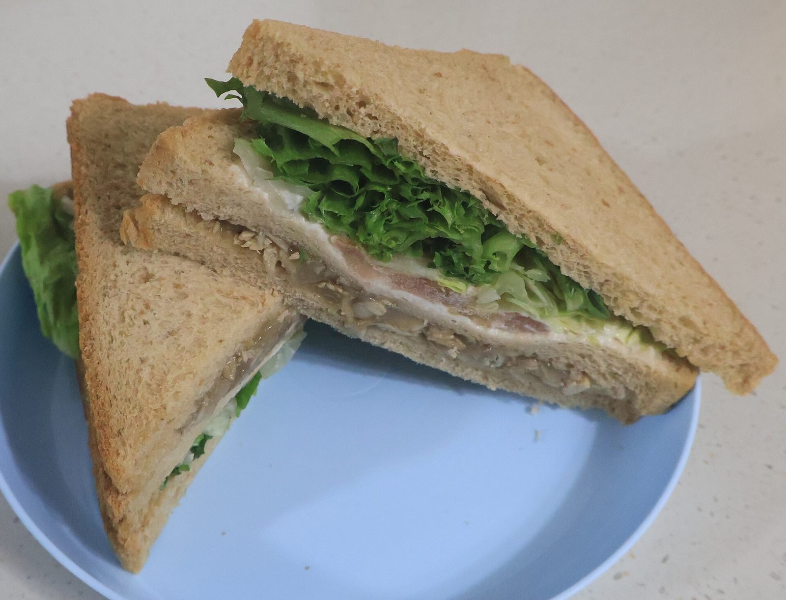 Triangle-cut sandwich with lettuce on a pale blue plate
