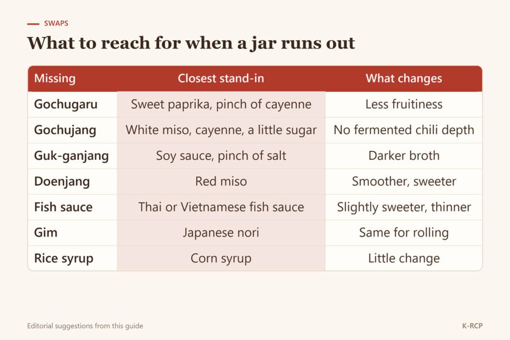 Table of seven pantry swaps, from sweet paprika for gochugaru to corn syrup for rice syrup, with what each changes in the pot