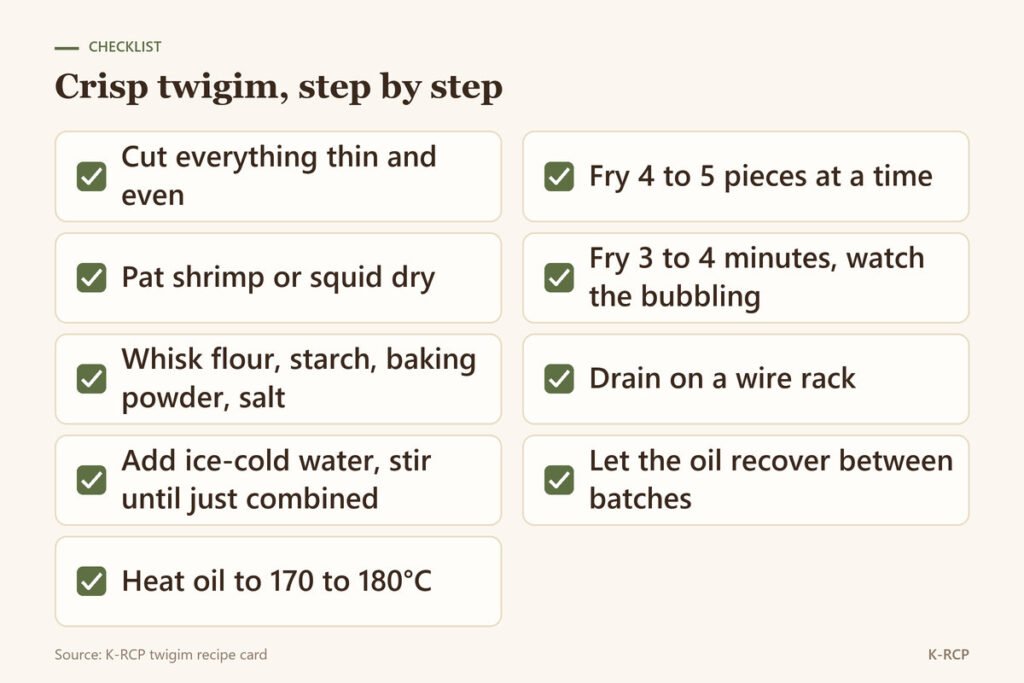 Checklist of nine steps for crisp twigim, from cutting thin and even to letting the oil recover between batches