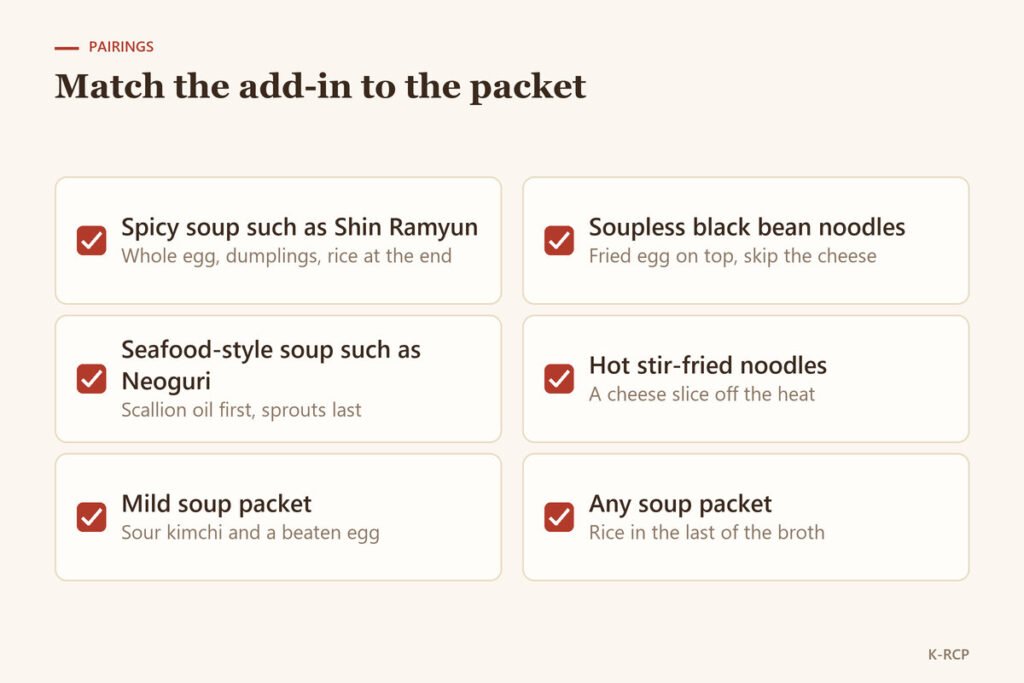Checklist matching six packet styles to the add-in that suits them, from whole egg on spicy soup to a cheese slice on hot stir-fried noodles