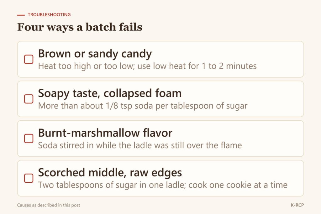 Checklist of four dalgona failures and their causes: wrong heat, too much soda, soda added over the flame, a doubled batch