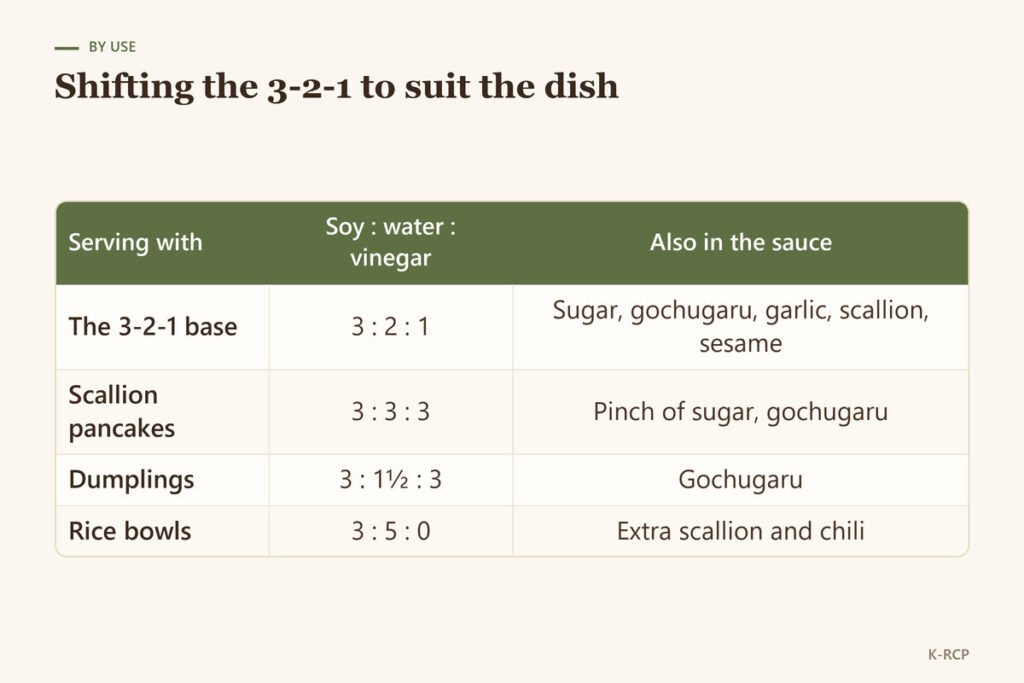 Table of soy sauce, water and vinegar amounts for the 3-2-1 base, scallion pancakes, dumplings and rice bowls.